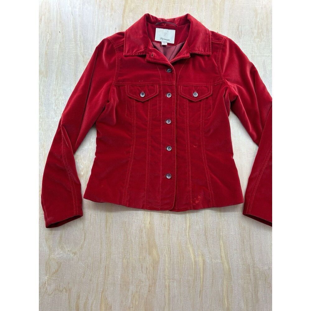 Faconnable Red Velvet Trucker Jacket Womens XS Button Front Tailored Coat velvet